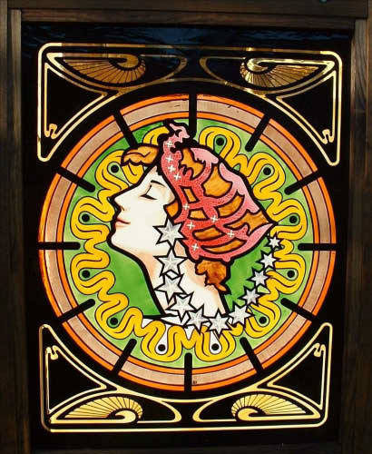 Painted glass panel in the Art Nouveau style.