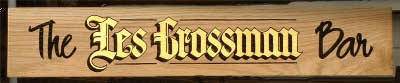 Les Crossman Bar. Hand painted Old English, gold leaf with black outline and shade. Snappy script from Sign DNA. Les Crossman Bar. Hand painted Old English, gold leaf with black outline and shade. Snappy script from Sign DNA.